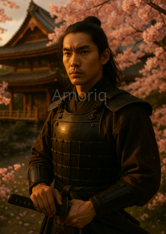 Digitale kunst van een Japanse krijger in harnas, omringd door bloeiende kersenbloesems - culturele AI art print